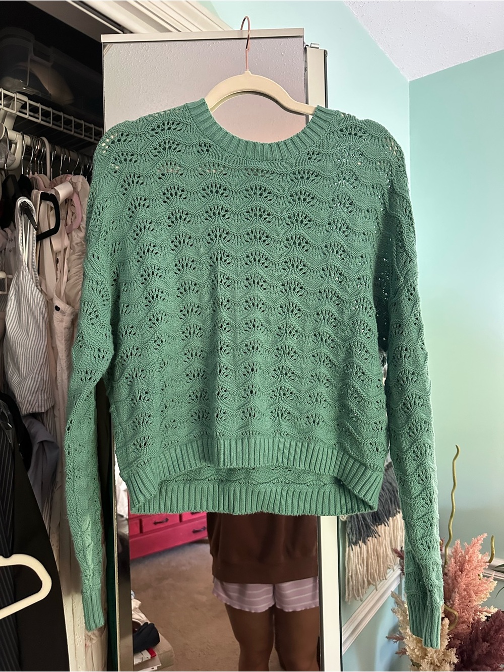Hollister Teal Open-Knit Crewneck Sweater